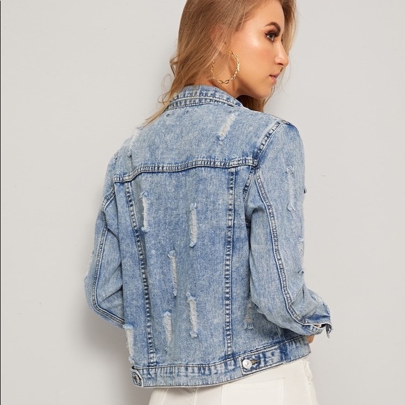 Distressed denim jean jacket bleached ripped - Picture 4 of 5